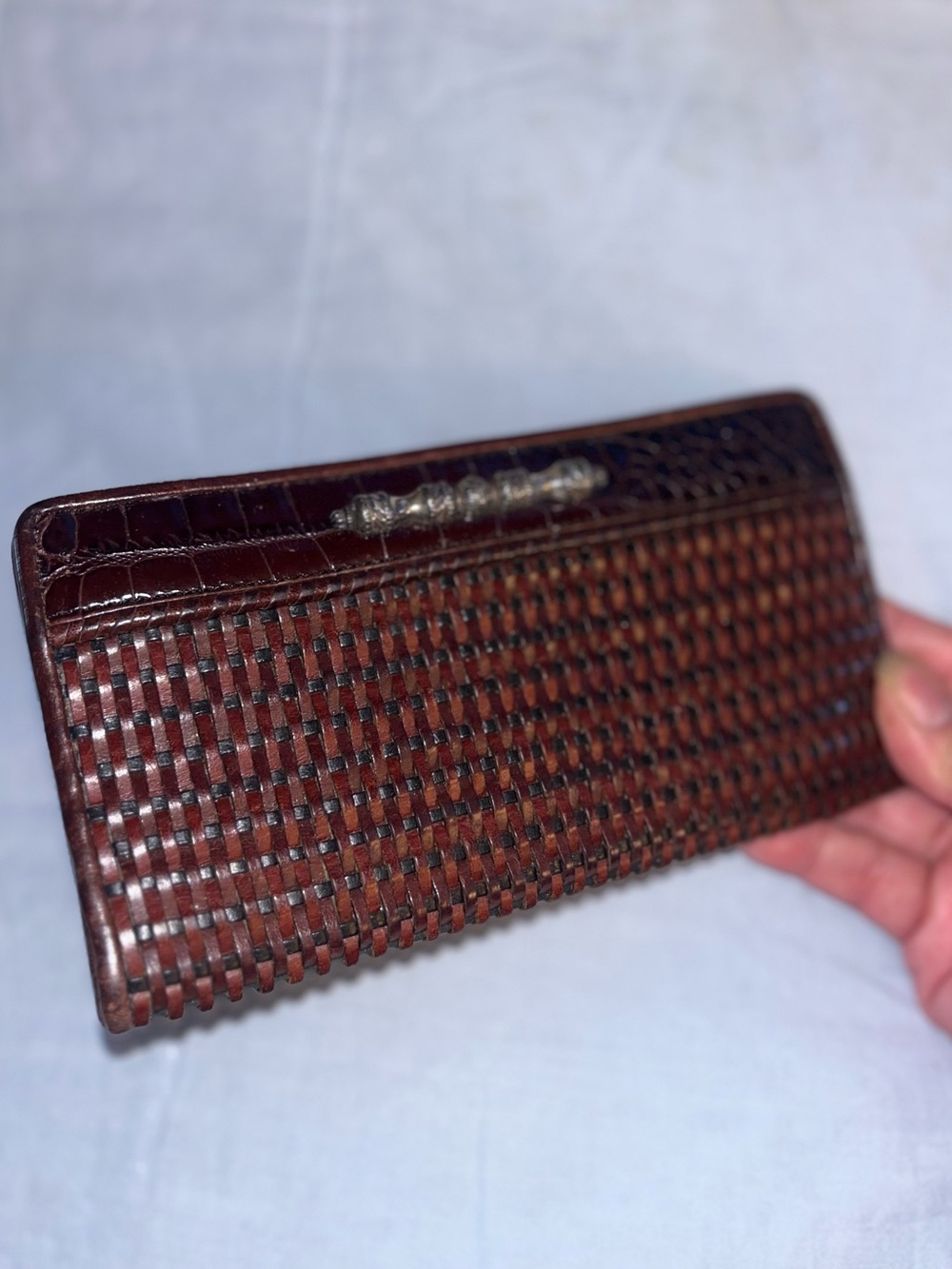 Brighton Woven Leather Wallet Croc Accent Signature Silver Detail